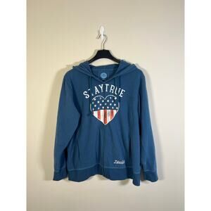Life is Good Womens Plus Size XXL Heart American Flag Zip Up Jacket Casual Blue